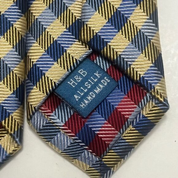 2for25 Haines & Bonner Of London Silk Handmade Tie Yellow Blue Checks Necktie - Picture 7 of 9
